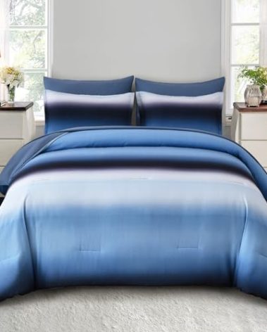 Dinjoy Boho Striped Ombre Blue Comforter Set Queen Size Gradient Blue Bedding Set for Teen Men Women 7 Pieces Bed in A Bag Bed Set with Comforter, Sheets, Pillowcases & Shams