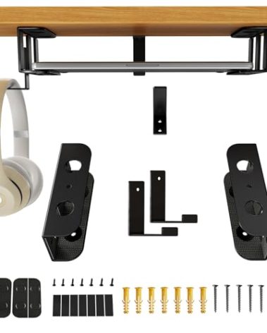 BYMECOST Under Desk Laptop Storage Mount with Hook, Metal Under Desk Device Holder, for Devices Up to 1.37" Thick, MacBook, Mini, Keyboard, Router, with Anti-Scratch Silicone (Black, 2.1" with Hook)