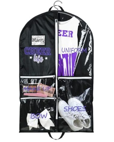 Blushtier Cheer Garment Bags for Cheerleading Uniform Waterproof Hanging Garment Bags for Dance Costumes 40 Inch Clothes Bag with 5 Pockets and Side Zip Travel Storage Cheer Uniform (Black,Purple)
