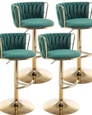 Riknuxi Gold Velvet Bar Stools Set of 4, Counter Height Bar Stools with Low Back, Swivel Barstools for Kitchen Island, Pub (Green)