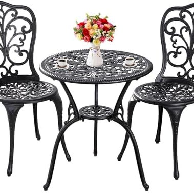 Withniture Outdoor Bistro Set 3 Piece Patio Bistro Set, Cast Aluminum Bistro Table and Chairs Set of 2, Small Patio Table Set for Porch, Black