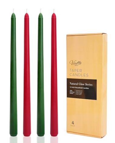 Viyffo 12 Inch Taper Candles 9-Hour Burn Christmas Edition, Green & Red 4 Pack Long Unscented Dripless & Smokeless Candlesticks for Holiday Dinner Table, Wedding & Home Décor