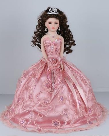 KINNEX COLLECTIONS SINCE 1997 18" Porcelain Quinceanera Umbrella Doll (Quince Anos)~ KK18725-30 ~ (Rose Gold)