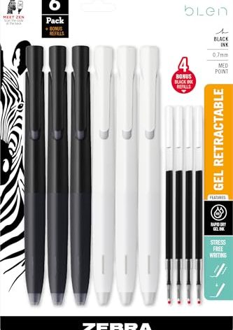 Zebra Pen bLen Gel Pens 0.7mm Medium Point Black Ink 6-Pack With 4 Refills, Smooth Fast-Drying Ink, Vibration-Free Writing Experience, Rubber Grip, Low-Profile Clip (41416)