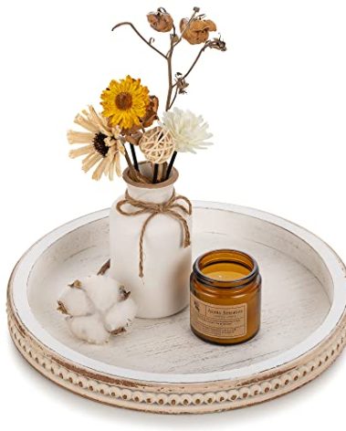 Hanobe Decorative Serving Tray Wood: White Washed Bead Round Tray Decor for Coffee Table Rustic Wooden Trays Farmhouse Centerpiece for Living Room Kitchen Counter