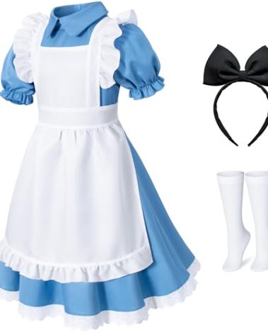 Irtysh Girl Blue Dress White Apron Halloween Cosplay Costume With Bow Hair Band Stockings Set(130)