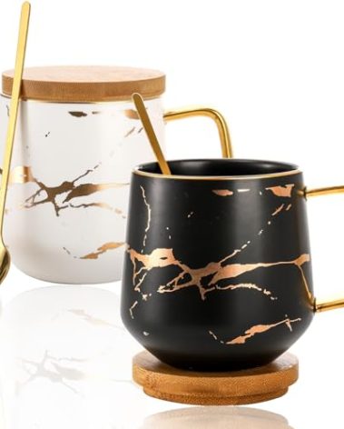 Peohud 2 Pack Porcelain Coffee Mugs Set, 14 OZ Marble Coffee Cups with Lid and Spoon, Large Tea Mugs for Latte, Cappuccino, Americano, Coffee Mugs for Couple, Novelty Engagement Gift