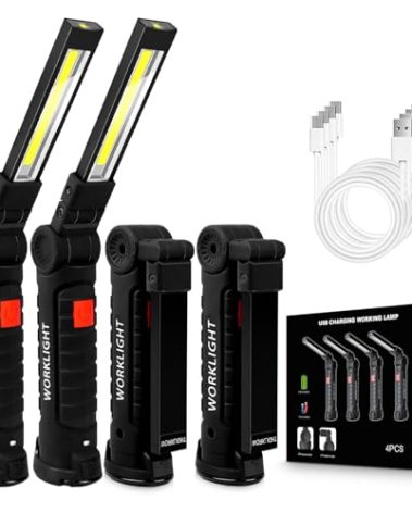 4Pack LED Work Lights, USB Rechargeable COB Light with Magnetic Base 360°Rotate and 5 Modes, Folding Flashlight Inspection Light for Car Repairing, Workshop, Household and Emergency Use, Large
