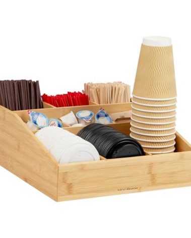 Mind Reader Coffee Condiment and Accessories Caddy Organizer with 9 Organizing Compartments, Bamboo Brown
