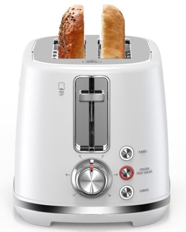 2 Slice Toaster with 1.5" Extra Wide Slots & Removable Crumb Tray 6 Browning Options, Auto Shut Off & Frozen Function, Toast Fruit Bread, Bagel & Waffle, White