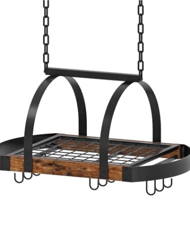 CHOEZON Hanging Pot Rack, Pot Hanger for Kitchen, Ceiling Mounted Pot Holder, Cookware Organizer with 9 S-Shaped Hooks, for Pot, Pan Storage, Space-Saving, Rustic Brown and Black TPR07BF