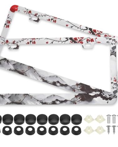 Watercolor Cherry Blossom License Plate Frames, 2 Pack Japanese Sakura Car Plate Frame, Stainless Steel License Plate Holders Covers with Free Screws Fasteners Caps (Cherry Blossoms)