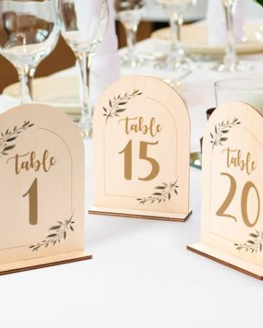 Wedding Table Numbers - 5x7 Inch Double-Sided Arch Signs 1-20, With Wooden Base for Party Table Centerpiece Decoration