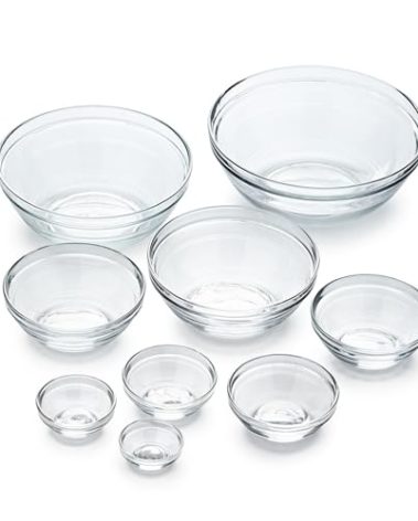 Duralex Le Gigogne Glass Mixing Bowl Set – 9-Piece Clear Stackable Prep Bowls Made of Durable Glass