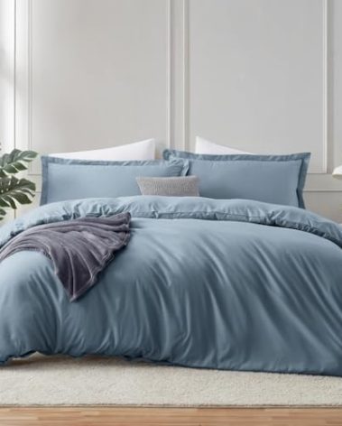 Hearth & Harbor Stone Blue Duvet Cover Queen Size - 3 Piece Queen Duvet Cover Set, Soft Double Brushed Queen Size Duvet Covers with Button Closure, 1 Duvet Cover 90x90 inches and 2 Pillow Shams