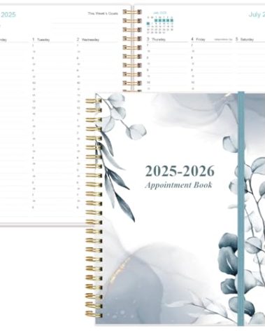 2025-2026 Appointment Book - 2025-2026 Daily Hourly Planner from July 2025 - June 2026,12 Monthly Tabs, Inner Pocket, 6.4" x 8.5", Blue Leaf