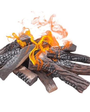 Gas Fireplace Logs, 10pcs Large Faux Firepit Set, Decorative Ceramic Firewood for Indoor Outdoor Gas Insets, Vented, Ventless, Electric, Ethanol, Gel Fireplaces, Wood Color, 15inch