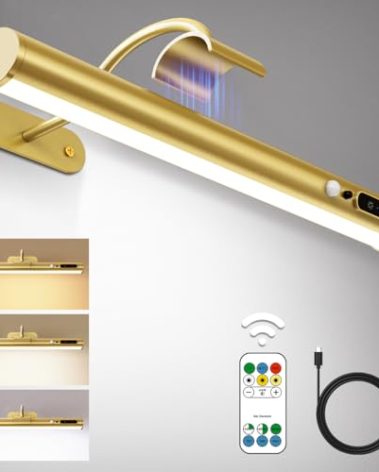 Hapfish Motion Sensor Battery Operated Wall Sconce, Wireless Picture Lights for Wall, Rechargeable Magnetic Art Lighting with Remote Control, Battery Picture Light for Poster Dartboard Mirror – Gold