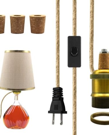 Lamp Kits for Do it Yourself, Brass Bottle Lamp Kit, Gold Bottle Lamp Adaptor Kit with 240cm Plug in Cord, E26 Wine Bottle Table Lamp Holder,Ceramic Lamp Socket, 3 Sizes of Stoppers in, No Drilling