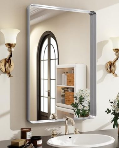 Easly Silver Bathroom Mirror for Wall, 36x24 Inch Rectangular Aluminum Alloy Framed Mirror, Modern Wall Mounted Vanity Mirror for Bathroom, Vertical or Horizontal