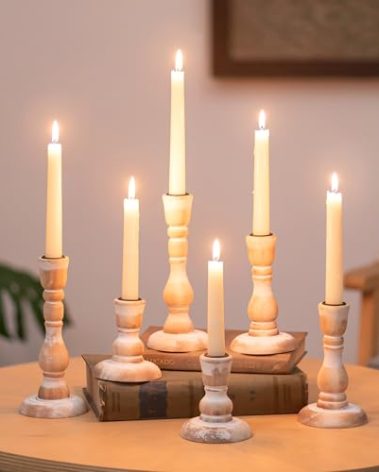 NUPTIO Rustic Candlestick Holders for Decor: Set of 6 Wood Taper Candles Holder - Vintage Candle Stick Tapered Holders for Fall Christmas Party Holiday Home Table Centerpiece