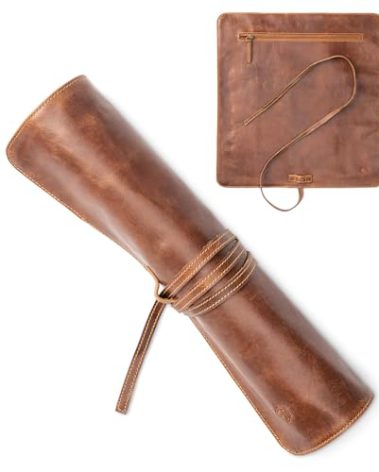 Angus Stoke premium leather Knife Roll Bag - Storage and Protection for Chef Knives, 7 Slots and 1 Zipper Pocket, genuine Buffalo Leather Case Nils (Mahogany)