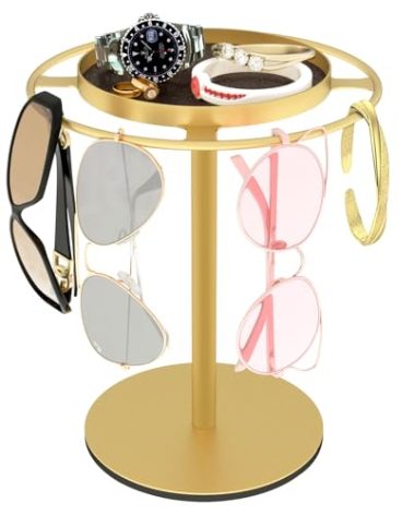 LSK Metal Sunglasses Organizer, Glasses Holder Stand with Storgae Tray, Eyeglasses Holder with Anti-Slip Pads for Tabletop, Desk, Dresser, Gold