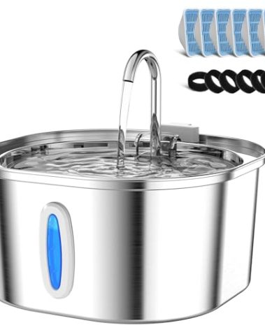 PEKTACO Stainless Steel Cat Water Fountain, 3.2L/108oz Cat Water Dispenser with Quiet Water Pump and Water-Level Window, Dishwasher Safe Pet Drinking Fountain for Cats with 6 Filters + 6 Sponges