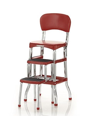 COSCO Stylaire Retro Chair + 2-Step Step Stool with Pull-Out Steps, 7 Ft. 11in Max Reach, 200 lb Weight Capacity, Steel and Vinyl (Red, one pack)