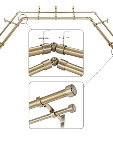 Mayrhyme Antique Bronze Double Corner Window Curtain Rods with Aluminum End Cap Finials and Brackets,1 Inch Diameter Dual Bay Window Curtain Rods, Adjustable 2 Sided 32-58" and 32-86 Center Double Rod