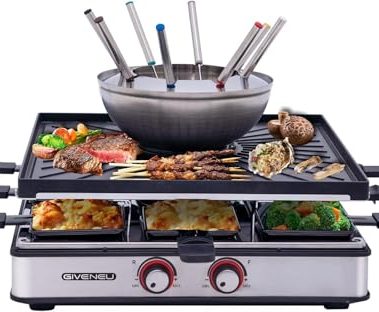 GIVENEU Electric Fondue Pot Set, 600ML Fondue Pot with Grill Plate, 8 Color-Coded Forks, 8 Non-Stick Pans, Dual Thermostat Fondue Grill Combo for Chocolate, Cheese, Grilling