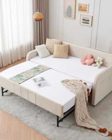 Deolme Twin to King Daybed with Trundle, USB Ports, Velvet Upholstered Daybed with Pop Up Trundle Bed, Modern Extendable Day Bed Frame for Kid Adult Bedroom Living Room Guest Room Small Places Beige
