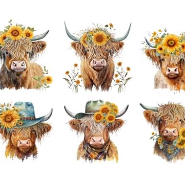 6 Piece 6"x6" Sunflower Highland Cows 100% Cotton Fabric Panel Squares | Quilting Panel Blocks