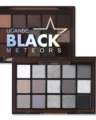 UCANBE Smokey Black Eyeshadow Palette, 15 Colors Dark Shimmer Matte Metallic Makeup Pallet, High Pigmented Gray Silver Sombras De Ojos Kit for Daily and Halloween