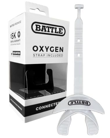 Battle Oxygen Lip Protector Mouth Guard with Connected Strap, Football and Sports Gear, Maximum Oxygen Supply, Mouthpiece Fits With or Without Braces - One Size, White