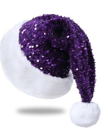 Chisander Sequin Santa Hat for Adults with Shiny Sequin and Fluffy Pompom, Party Hat for New Year Xmas Festival (Purple)