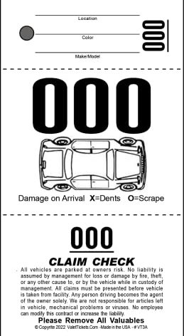 3 Part Valet Parking Tickets (1000 Tickets) on 110lb Card Stock with Car Diagram…