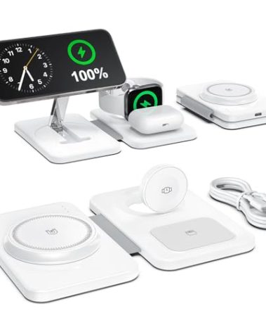 3 in 1 Magnetic Wireless Charger for Apple Multiple Devices, Foldable Fast Charging Station - Magsafe Charger Stand, Travel Charger Pad for iPhone 17 16 15 14 13 12 Series/Apple Watch/AirPods Pro