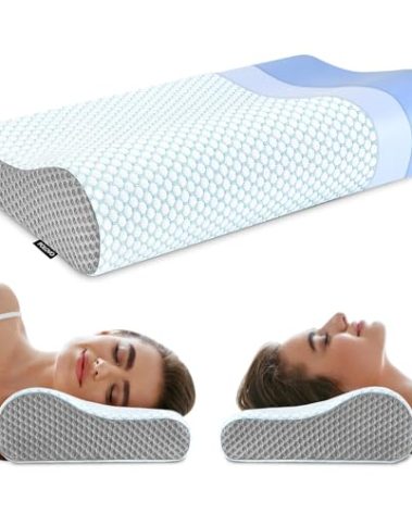 Memory Foam Pillows Neck Pillow Bed Pillow for Sleeping, Ergonomic Cervical Pillow for Neck and Shoulder Pain Relief,Orthopedic Contour Pillow for Side Back Stomach Sleeper(Blue&Grey)