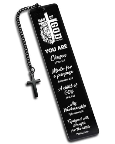 Zaamwoyy Christian Metal Bookmark Man of God, Black Inspirational Lion Bible Verse Book Mark with Cross Pendant, Religious Scripture Verse Bookmarks for Man Accessories Birthday Church Baptism Gift