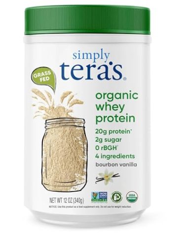 simply tera's Organic Whey Protein Powder - Grass Fed Vanilla Whey Protein Powder, Clean, Made Without Artificial Sweeteners, Non-GMO, Kosher, rBGH-Free, Organic - 12 Oz.