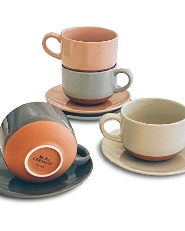 Mora Ceramics 8oz Cappuccino Mug Set of 4 - Ceramic Coffee Cups with Saucers - Microwave and Dishwasher Safe, Perfect For Tea, Espresso, Latte - Porcelain Mugs for Kitchen or Cafe - Assorted Neutrals