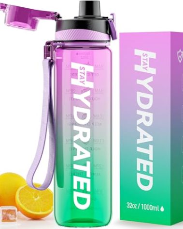 Water Bottle, 32 oz Motivational Water Bottles with Time Marker-Tritan & BPA Free, Sports Water Bottle with Time to Drink & Strap, Wide Mouth, Leakproof -Gift for Christmas Gym Fitness & Outdoor