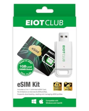 EIOTCLUB eSIM Card & Reader Bundle - Physical eSIM Card for Unlocked Android/iPhone/Router, Unlimited Downloads, Global Travel (USA/Europe/200+ Countries), Windows & macOS Support