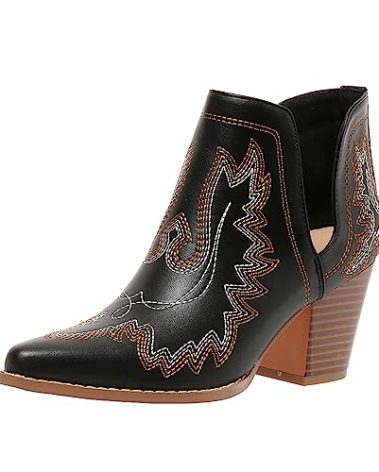 Cowboy Boots for Women Cowgirl Ankle Western Embroidered Stitched Pointed Toe Cutout Chunky Heels Short Booties Red Brown Black US5-11, black, 8
