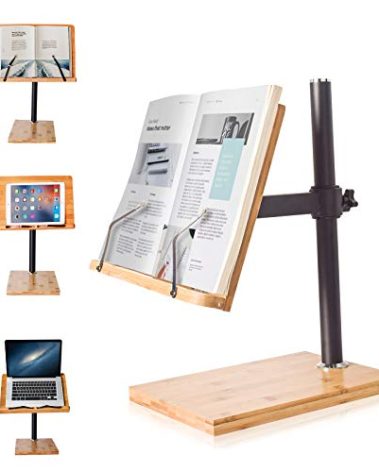 Book Stand Height Adjustable Large Size, wishacc Bamboo Upright Book Stand with Page Clips for Reading Hands Free for Kitchen Office and School