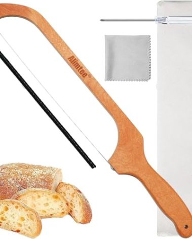 Alimtee Bread Knife, 16" Wooden Serrated Bagel Knife, Fiddle Bow Design Easy to Cutting, Sourdough Cutter for Homemade Bagels, Bread, Baguettes and More - Premium Stainless Steel