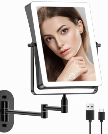 FASCINATE Rechargeable Wall Mounted Makeup Mirror, 8.7" Double Sided Touch Switch 1X 10X Magnifying Bathroom Mirror Rectangle, 3 Color Setting, Extended Arm 360° Swivel Foldable Black