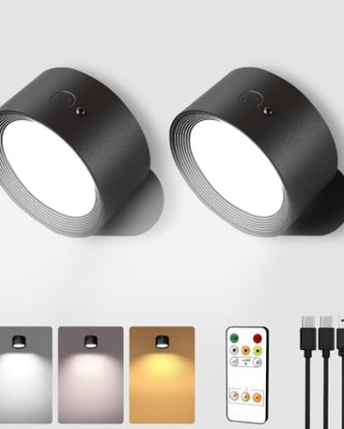 AMETHEUS LED Wall Mounted Lights, Rechargeable Wall Sconces Lamp, 3 Color Temps & Remote and Touch, 360°Rotation Dimmable Cordless Wall Light for Study Bedroom Reading Bedside(Black, 2 Pack)