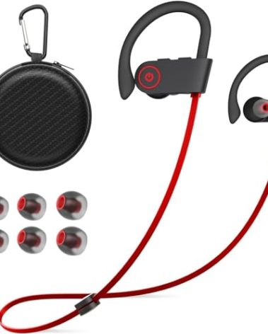 JOYWISE Bluetooth Headphones Wireless Earbuds 16H Playtime Wireless Headphones IPX7 Waterproof Bluetooth 5.3 Running Ear Buds with Mic Stereo in Ear Earphones Sound Isolation for Workout, Sports Red